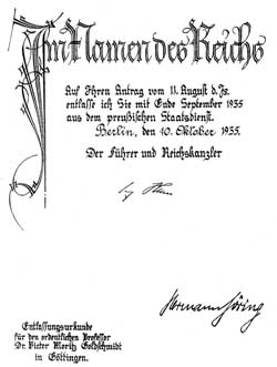 A little something for the mantelpiece - Goldschmidt's letter of dismissal, signed by Hitler and Goering.